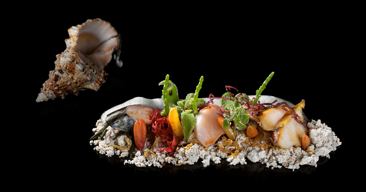 The Fat Duck’s Sound of the Sea dish with edible sand and seafood, served with a conch shell audio experience.